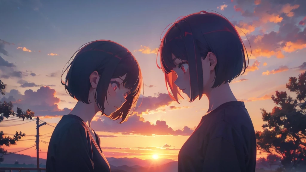 girl with short bob hair,Red eyes ,A shining sunset,sunset,Side view