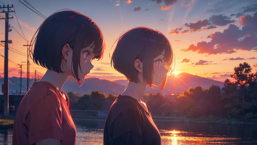 girl with short bob hair,Red eyes ,A shining sunset,sunset,Side view