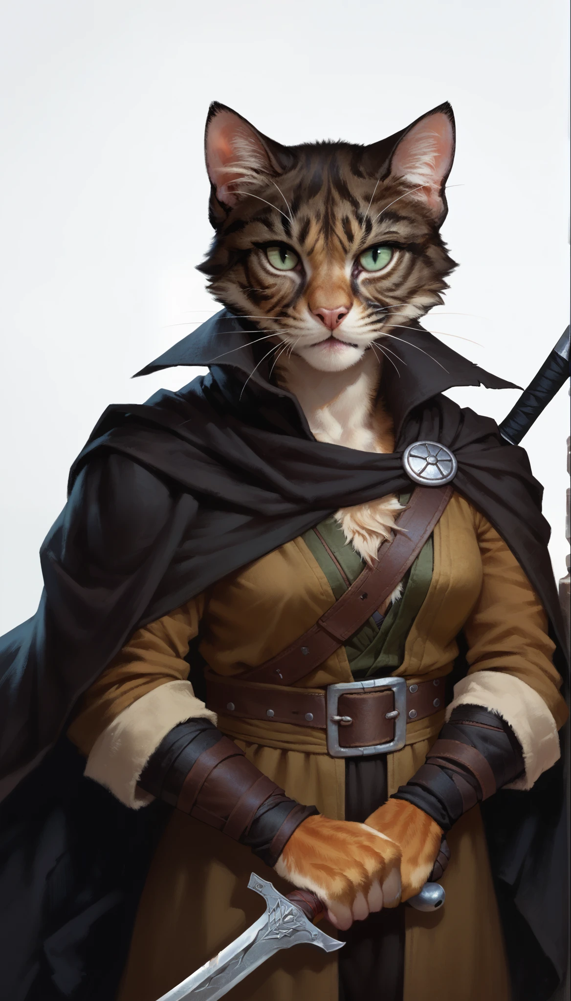 score_9, score_8_up, score_7_up, (clear simple background, white background, papyrus background),
 ((tabaxi), anthro, solo, female, (portrait), (focus), (holding, assassin, rogue), ((wearing dark robe, cape)), (cat fur)), beautiful