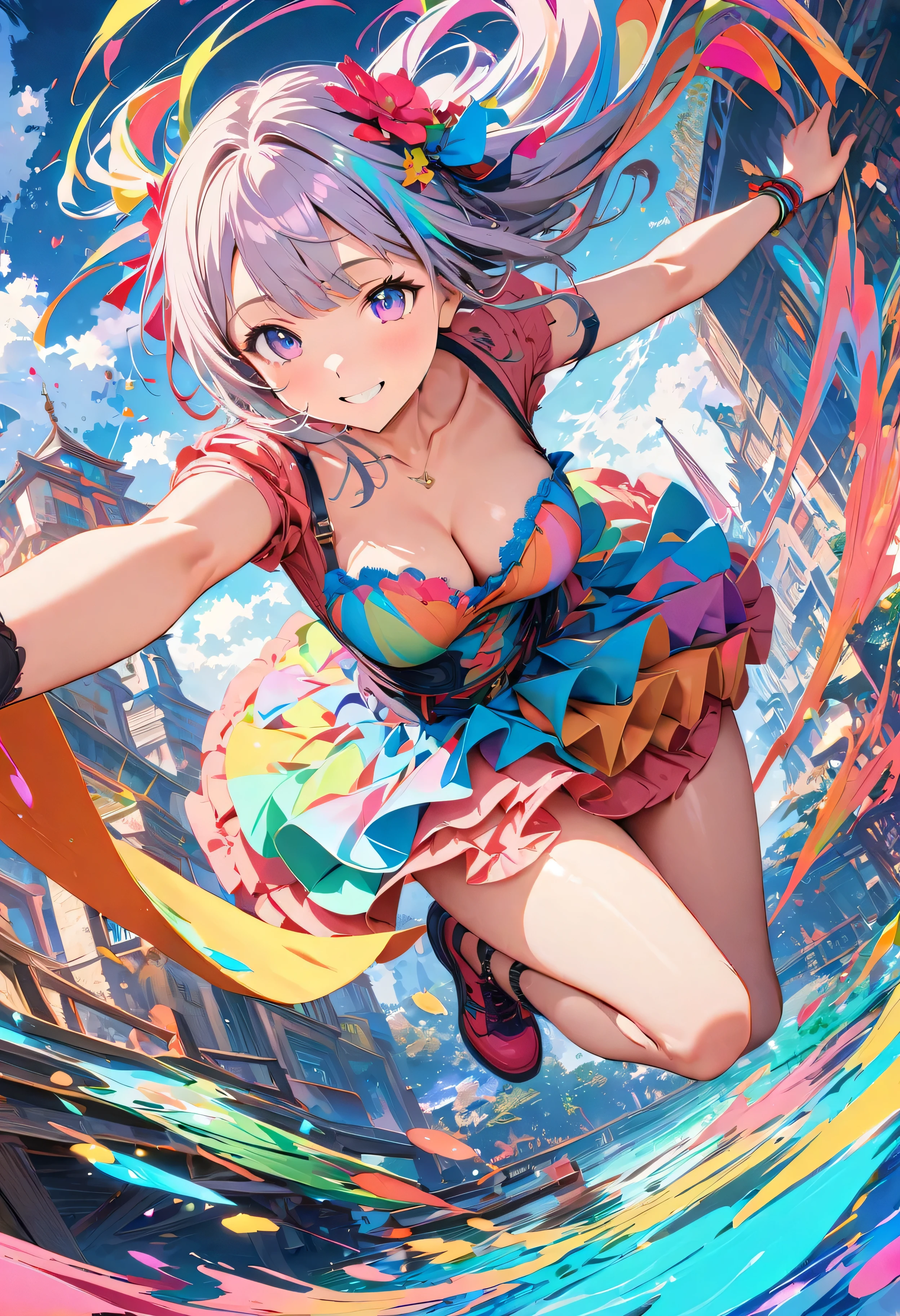 (masterpiece, Highest quality, Official Art:1.2), (colorful), Perfect Anatomy, Looking at the audience,One Girl, alone, White Background, floating colorful water, Ultra-fine illustrations, Highly Details, Dynamic Angle, Beautiful detailed, 8K, 壊す smiling amidst the colorful scenes, (High resolution), Anime Style, (Fractal Art:1.1), pastel colour