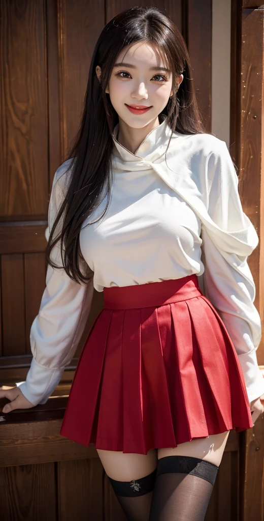 (masterpiece, best quality:1.2), cowboy shot, solo, 1girl, ayanokouji rem, smile, looking at viewer, long sleeves, capelet, red skirt, thighhighs
