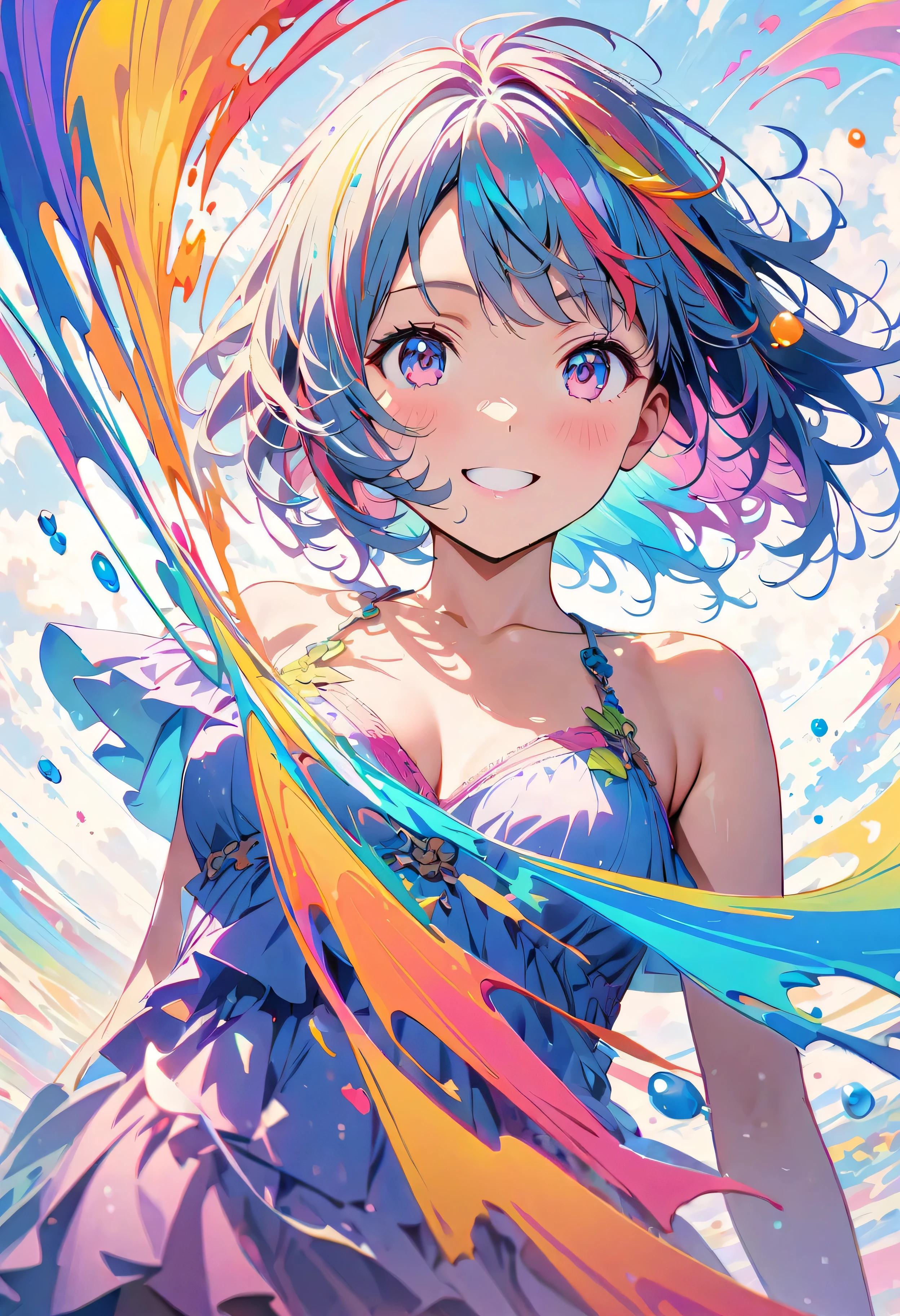 (masterpiece, Highest quality, Official Art:1.2), (colorful), Perfect Anatomy, Looking at the audience,One Girl, alone, White Background, floating colorful water, Ultra-fine illustrations, Highly Details, Dynamic Angle, Beautiful detailed, 8K, 壊す smiling amidst the colorful scenes, (High resolution), Anime Style, (Fractal Art:1.1), pastel colour