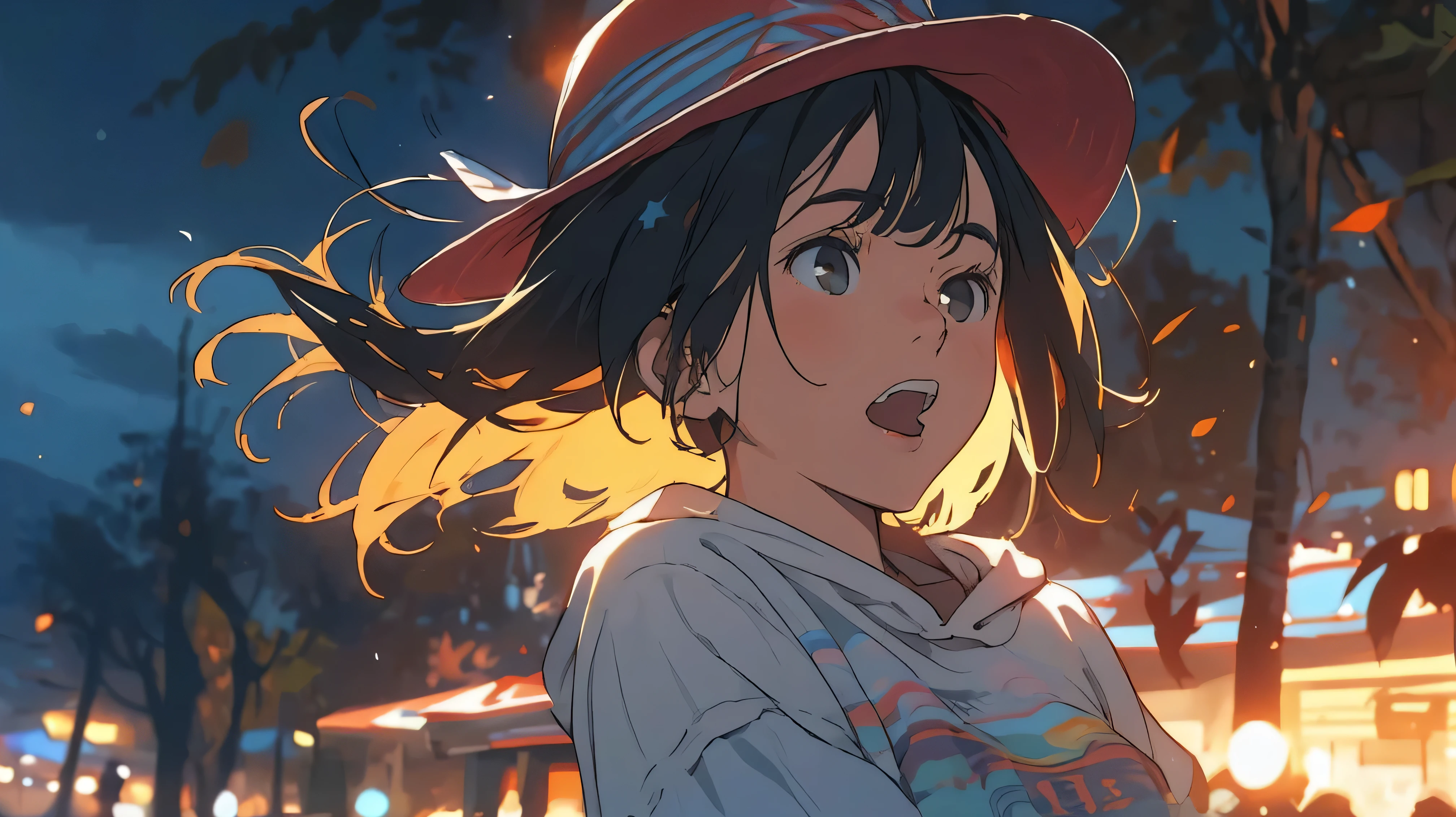 itsukinakano, itsuki nakano, bangs, Ahoge, Redhead, star \(symbol\), 優しく微lolむ,hat, happy lol顔, lol顔, Open your mouth,Short braided hair,red oversized hoodie,Shorts,White Pantyhose,High Top Sneakers,(lol:1.1), (Open your mouth:1.1), Sun glare, Bokeh, Written boundary depth, Blurred Background, Particles of light, Strong winds, (Heart Particles:1.1), Highly detailed face, Perfect lighting, Extremely detailed CG, (Perfect hands, Perfect Anatomy)