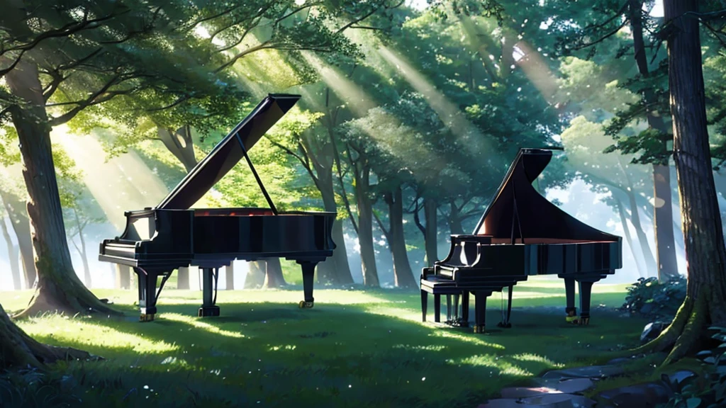 A grand piano placed under a large tree、The soft sunlight filtering through the trees makes it sparkle.、One grand piano、There is no one、With Makoto Shinkai-esque illustration touch、Rough anime style、in the forest
