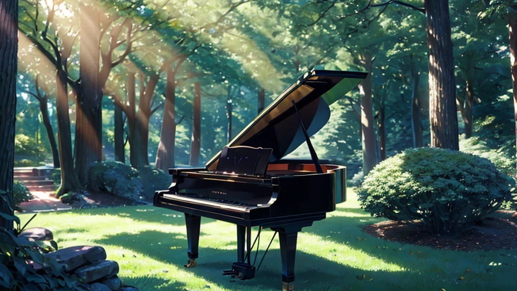 A grand piano placed under a large tree、The soft sunlight filtering through the trees makes it sparkle.、One grand piano、There is no one、With Makoto Shinkai-esque illustration touch、Rough anime style、in the forest