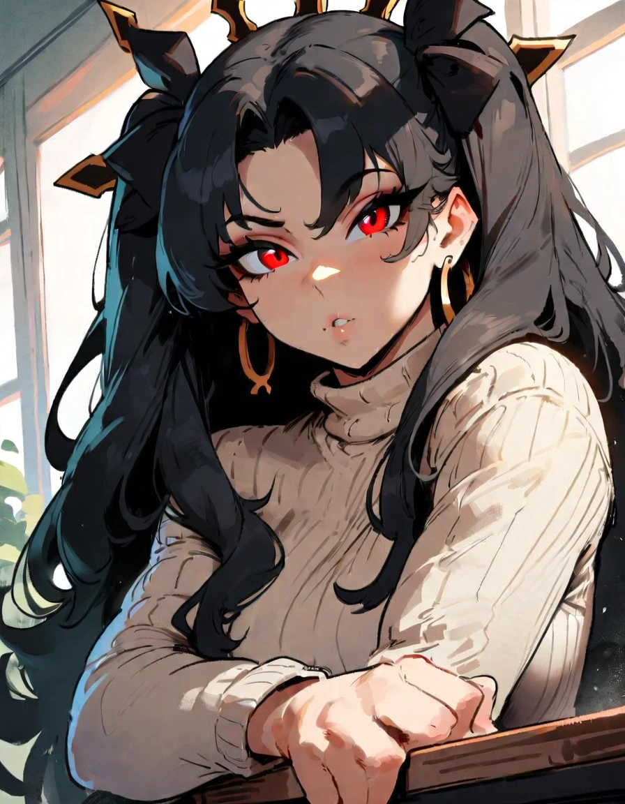 1girl, ishtar \(fate\), fate \(series\) \\\\\ masterpiece, best quality, very aesthetic, absurdres, newest \\\\\\ slim body,///// ,by nyantcha,cutesexyrobutts , by khyle,,////// beautiful face, sexy, red eyes, , at school, windows, greenery, sweater,,at desk, looking at viewer, close-up
