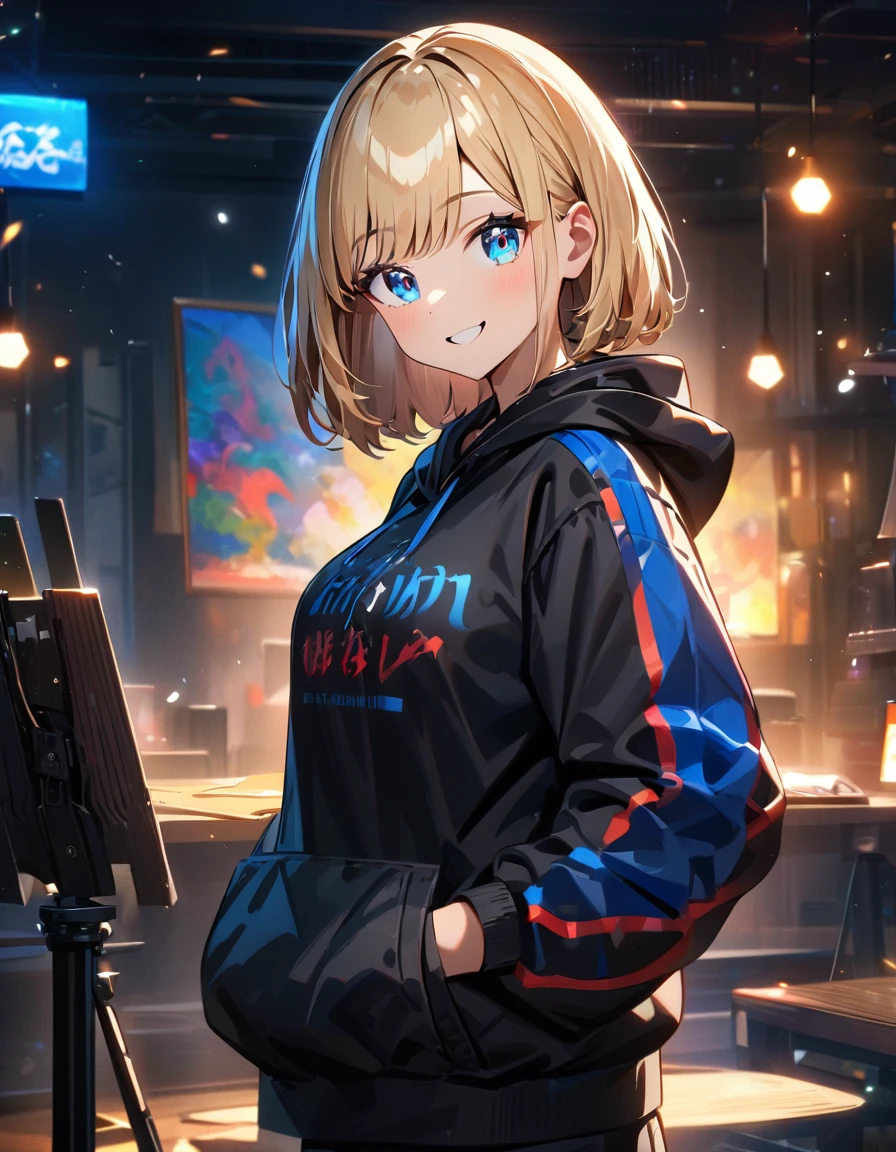 (((One girl))), blond hair, bob cut, (upper body), (looking at viewer), breasts, teenager, head tilt:1.3, (((blue eye))), (from side), hand in pocket, ((happy smile)), black hoodie, black shorts, anime style, (best quality, 4k, 8k, highres, masterpiece:1.2, ultra-detailed, ultra-detailed eyes, HDR, UHD, studio lighting, ultra-fine painting, sharp focus, physically-based rendering, extreme detail description, professional, vivid colors, bokeh)