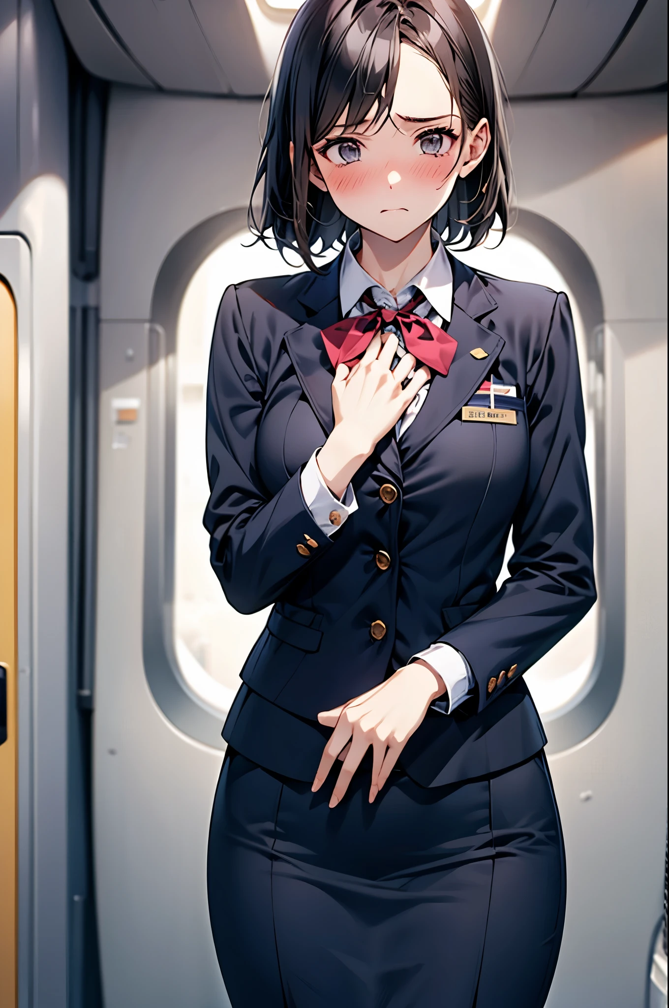 (1 person、alone), Beautiful woman, Anatomically perfect body, Slender、(stewardess、Cabin attendant), Japan Air Line uniform、Jacket、skirt、(Look down:1.2), (Pussy juice:1.1)、(Hold my chest:1.2)、20-year-old、(Highest quality)、Black Hair, (Half Up:1.1), On the plane、(8K, High resolution)、(shy:1.4)、medium breast, (steam:1.1), (embarrassed:1.3), show off nipples under shirt、Displeased face