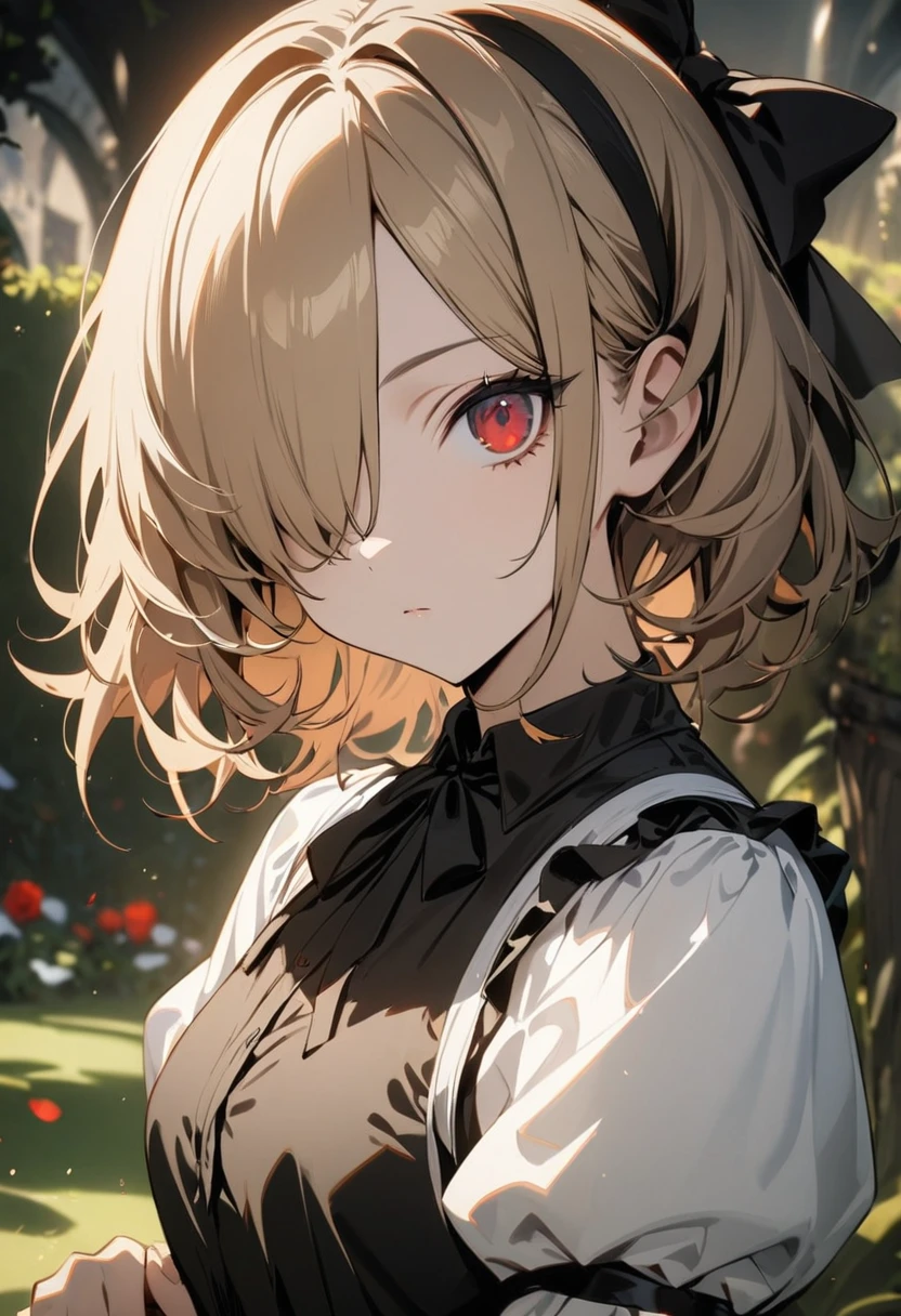 One girl, human, fair skin, expressionless, dark blonde, hair over one eye, red eyes, black dress, black ribbon headband, Alice in Wonderland, masterpiece, best quality