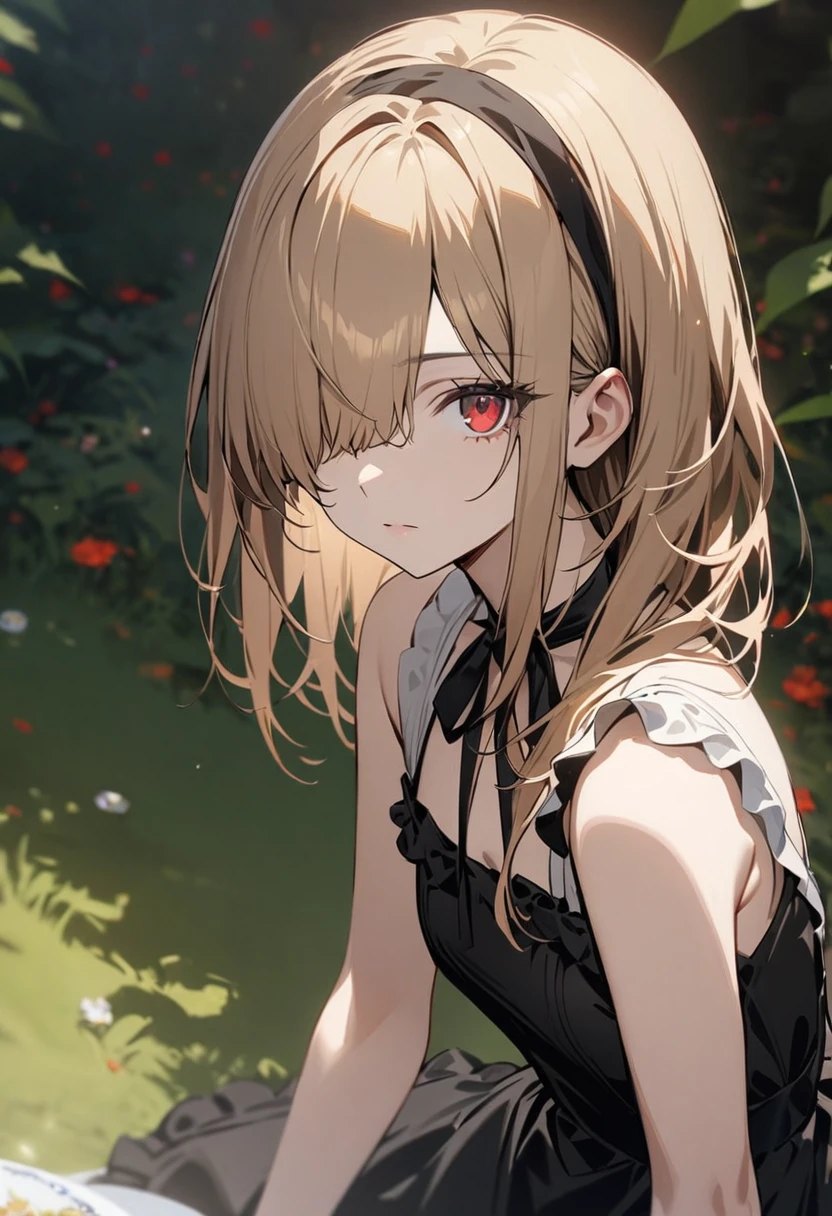 One girl, human, fair skin, expressionless, dark blonde, hair over one eye, red eyes, black dress, black ribbon headband, Alice in Wonderland, masterpiece, best quality