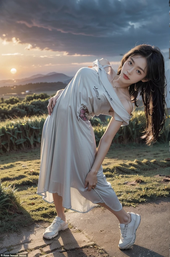 (((best quality))),(((ultra detailed))),(((masterpiece))),illustration,((1 beautiful girl,solo)),((slim,thin,flat chest)),(shoulder length straight bob hair:1.2),flowing hair,fair skin,(shiny skin:1.3),detailed eyes,laughing,(shirt-dress:1.3),delicate necklace,grass,dewdropletts,trees,bird chirping,serenity,gratitude,awe,wonders of nature,peace,contentment,magnificent world,summer,(pitch-dark dawn:1.5),(night scene:1.3),((full body,from front)),after rain,(wet:1.3),standing,on the path,At the mountaintop,confident gaze,elegant posture,mysterious atmosphere,solemn mood,dawn approaching,detailed decorations,(sunrise:1.3),(cloudy sky:1.2),rainbow,(Rural Landscape:1.2),horizon,slender legs,sneakers