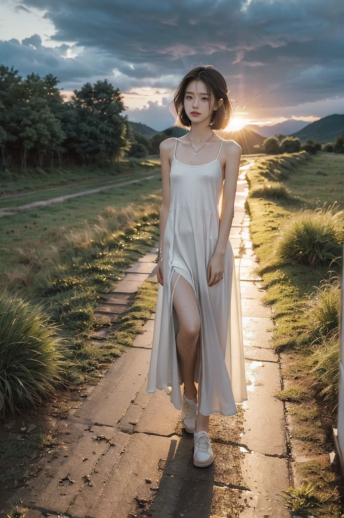(((best quality))),(((ultra detailed))),(((masterpiece))),illustration,((1 beautiful girl,solo)),((slim,thin,flat chest)),(shoulder length straight bob hair:1.2),flowing hair,fair skin,(shiny skin:1.3),detailed eyes,laughing,(shirt-dress:1.3),delicate necklace,grass,dewdropletts,trees,bird chirping,serenity,gratitude,awe,wonders of nature,peace,contentment,magnificent world,summer,(pitch-dark dawn:1.5),(night scene:1.3),((full body,from front)),after rain,(wet:1.3),standing,on the path,At the mountaintop,confident gaze,elegant posture,mysterious atmosphere,solemn mood,dawn approaching,detailed decorations,(sunrise:1.3),(cloudy sky:1.2),rainbow,(Rural Landscape:1.2),horizon,slender legs,sneakers