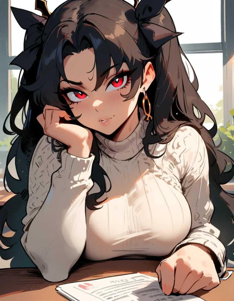1girl, ishtar \(fate\), fate \(series\) \\\\\ masterpiece, best quality, very aesthetic, absurdres, newest \\\\\\ slim body,///// ,by nyantcha,cutesexyrobutts , by khyle,,////// beautiful face, sexy, red eyes, , at school, windows, greenery, sweater,,at desk, looking at viewer, close-up
