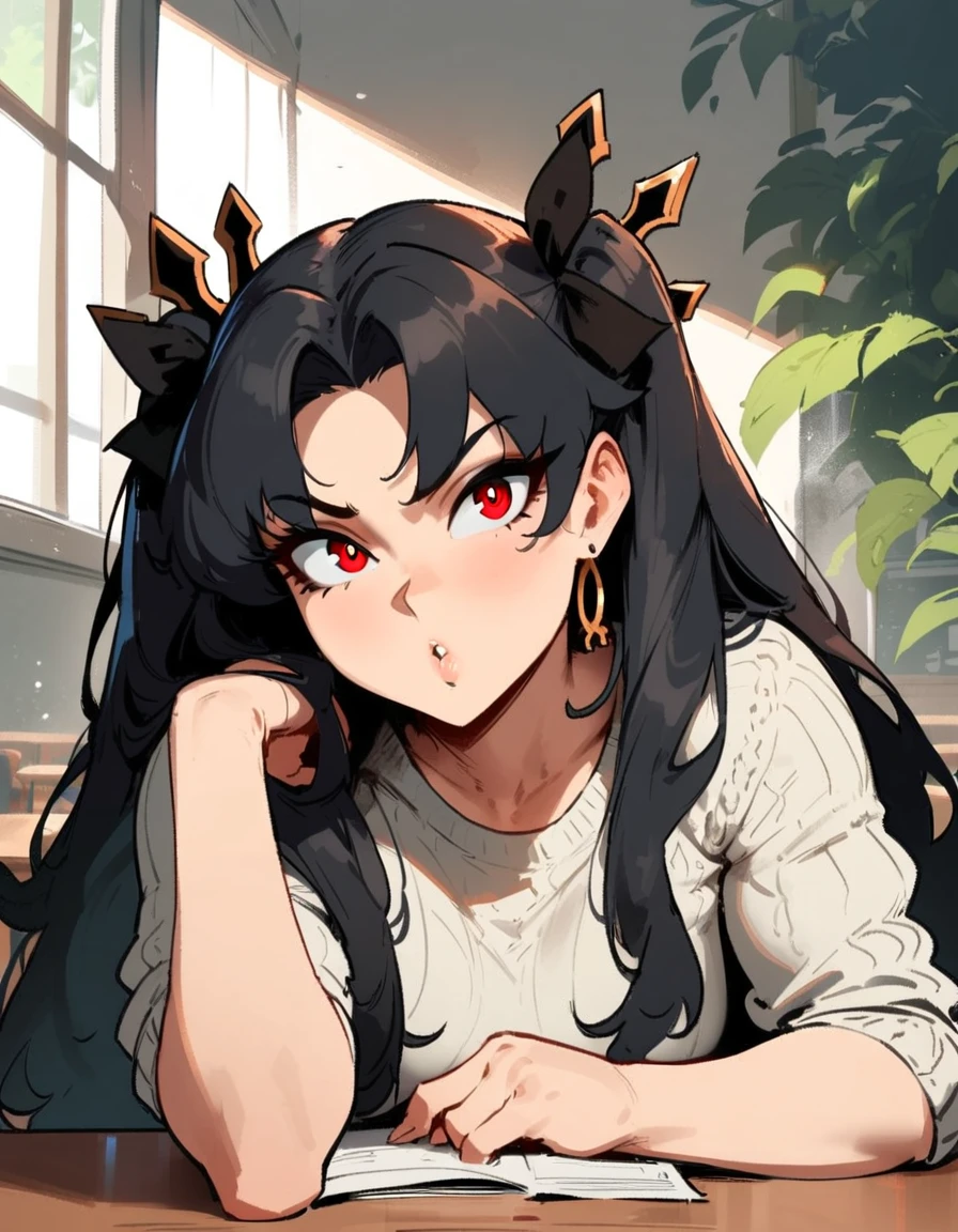 1girl, ishtar \(fate\), fate \(series\) \\\\\ masterpiece, best quality, very aesthetic, absurdres, newest \\\\\\ slim body,///// ,by nyantcha,cutesexyrobutts , by khyle,,////// beautiful face, sexy, red eyes, , at school, windows, greenery, sweater,,at desk, looking at viewer, close-up