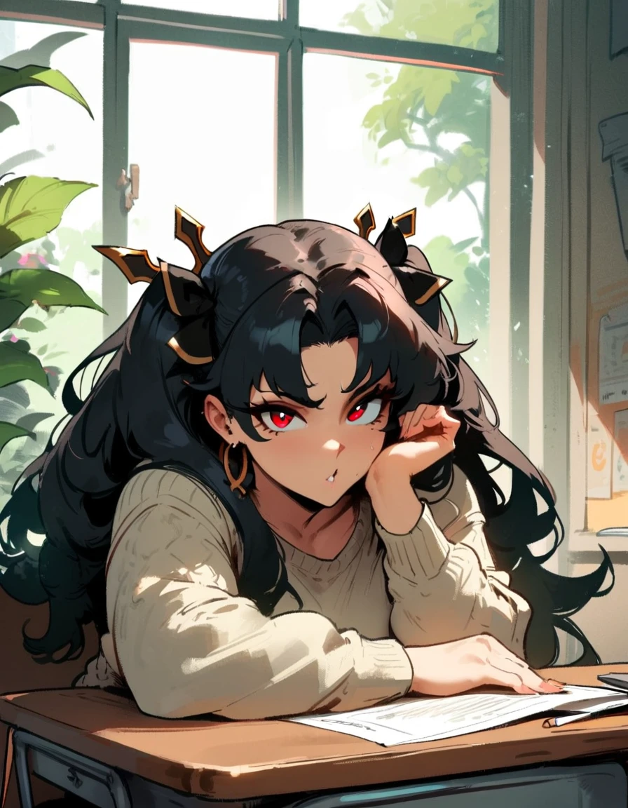 1girl, ishtar \(fate\), fate \(series\) \\\\\ masterpiece, best quality, very aesthetic, absurdres, newest \\\\\\ slim body,///// ,by nyantcha,cutesexyrobutts , by khyle,,////// beautiful face, sexy, red eyes, , at school, windows, greenery, sweater,,at desk, looking at viewer