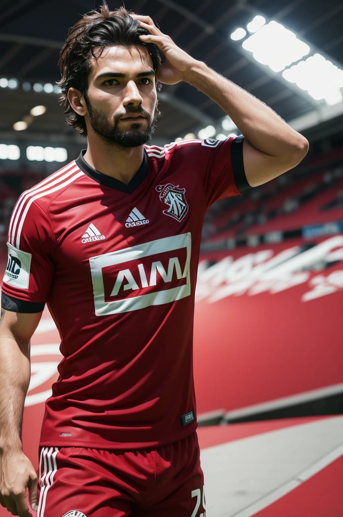 Create image God player with Flamengo&#39;s shirt completely disfigured winning a battle 