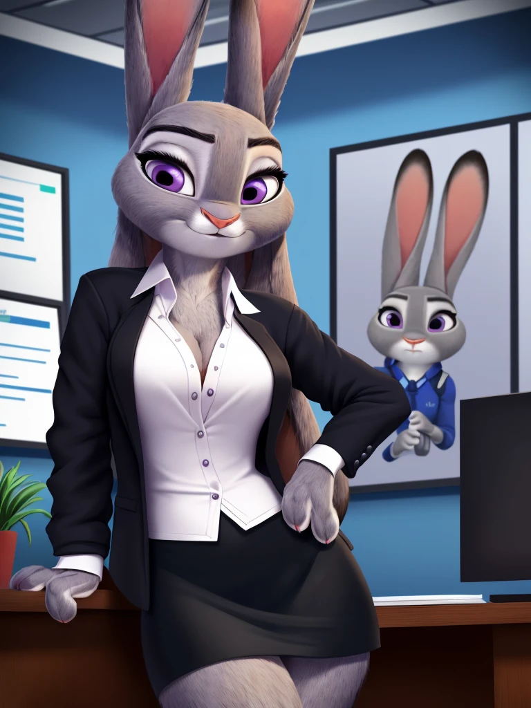 best quality,
masterpiece,
hyper Realistic,
ultra-detailed,
beautiful detailed,
Portrait,
Looking at the audience,
background is an office,
(Face is JudyHopps:1.4),
NamiFinal,
((long straight hair)),
wispy bangs, bangs,
purple eyes,
(arched eyebrows:1.1),
(uplift eyebrows:1.1),
(rabbit ears:1.1),
office lady is wearing suit,
((White blouse)),
((Black blazer jacket)),
((Black skirt)),
clothes made of cotton,
stomach is completely exposed,
Navel is completely exposed,
Cleavage is completely exposed,
((shoulder is completely exposed)),
(outfit is made of felt:1.4),
(((body is made fur))),
(((fluffy and fluffy))),
(furry:1.4),
human hands,
(solo:1.5),
(1 lady:1.5),
one character only
alone,
Perfect Anatomy