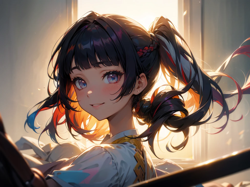 multicolored hair, blunt bangs, braided ponytail, Surrealism, masterpiece, UHD A super beautiful girl,smile,backlighting