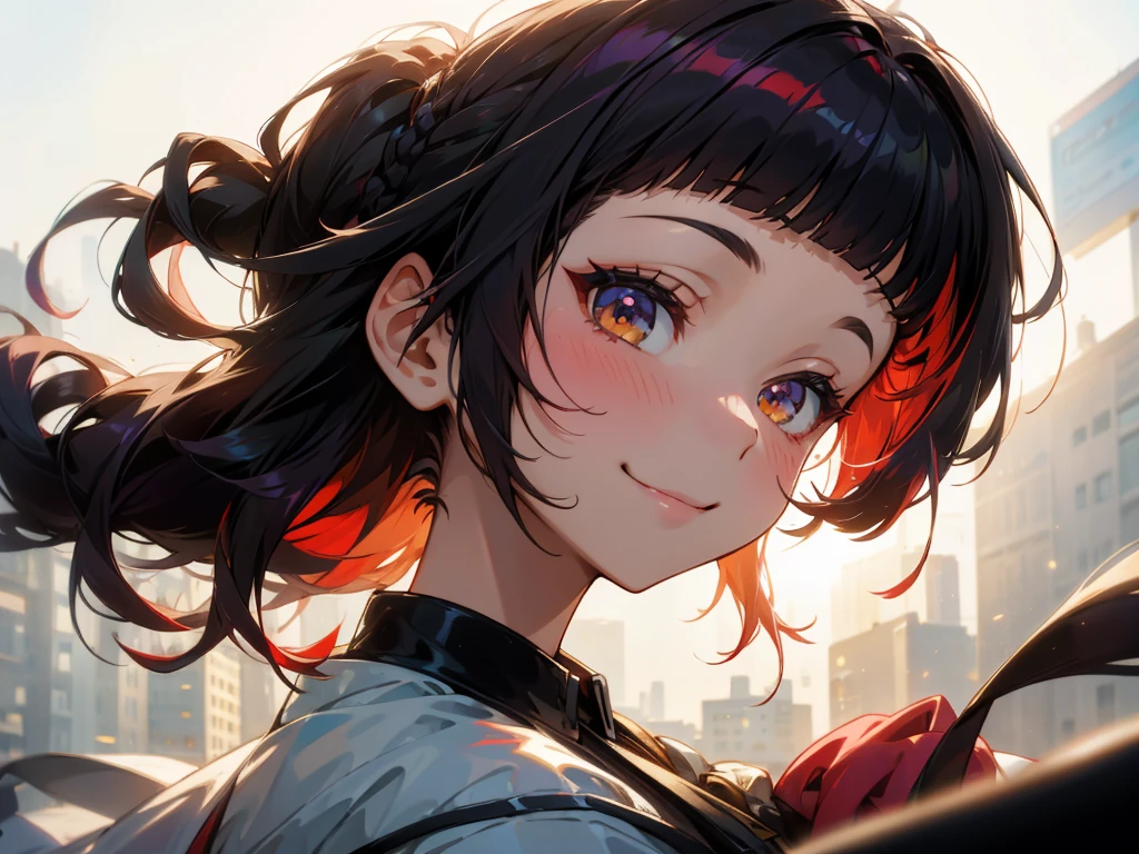multicolored hair, blunt bangs, braided ponytail, Surrealism, masterpiece, UHD A super beautiful girl,smile,backlighting