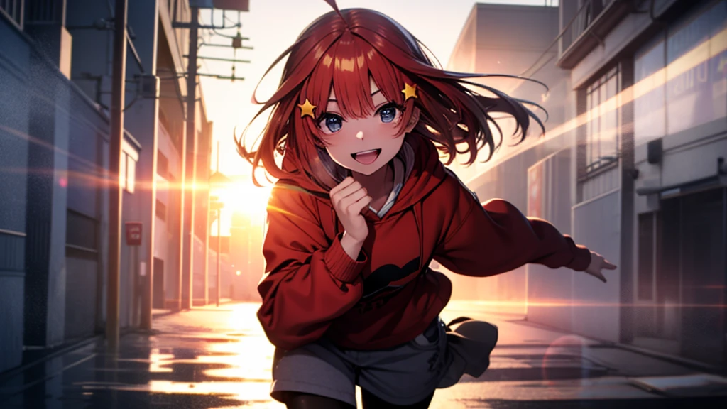 itsukinakano, Itsuki Nakano, bangs, Ahoge, Redhead, star \(symbol\), Smiling Kindly,hair ornaments, happy smile, smile, Open your mouth,Short braided hair,red oversized hoodie,Shorts,White Pantyhose,High-top sneakers,(LOL:1.1), (Open your mouth:1.1), Sun glare, Bokeh, Written boundary depth, Blurred Background, Particles of light, Strong winds, (Heart Particles:1.1), Highly detailed face, Perfect lighting, Highly detailed CG, (Perfect hands, Perfect Anatomy)