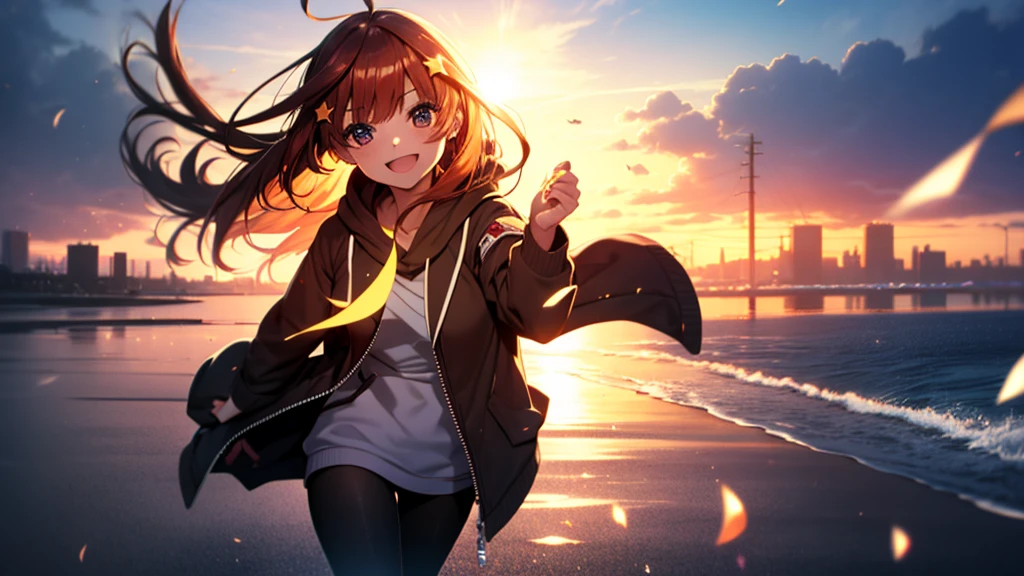itsukinakano, Itsuki Nakano, bangs, Ahoge, Redhead, star \(symbol\), Smiling Kindly,hair ornaments, happy smile, smile, Open your mouth,Short braided hair,red oversized hoodie,Shorts,White Pantyhose,High-top sneakers,(LOL:1.1), (Open your mouth:1.1), Sun glare, Bokeh, Written boundary depth, Blurred Background, Particles of light, Strong winds, (Heart Particles:1.1), Highly detailed face, Perfect lighting, Highly detailed CG, (Perfect hands, Perfect Anatomy)