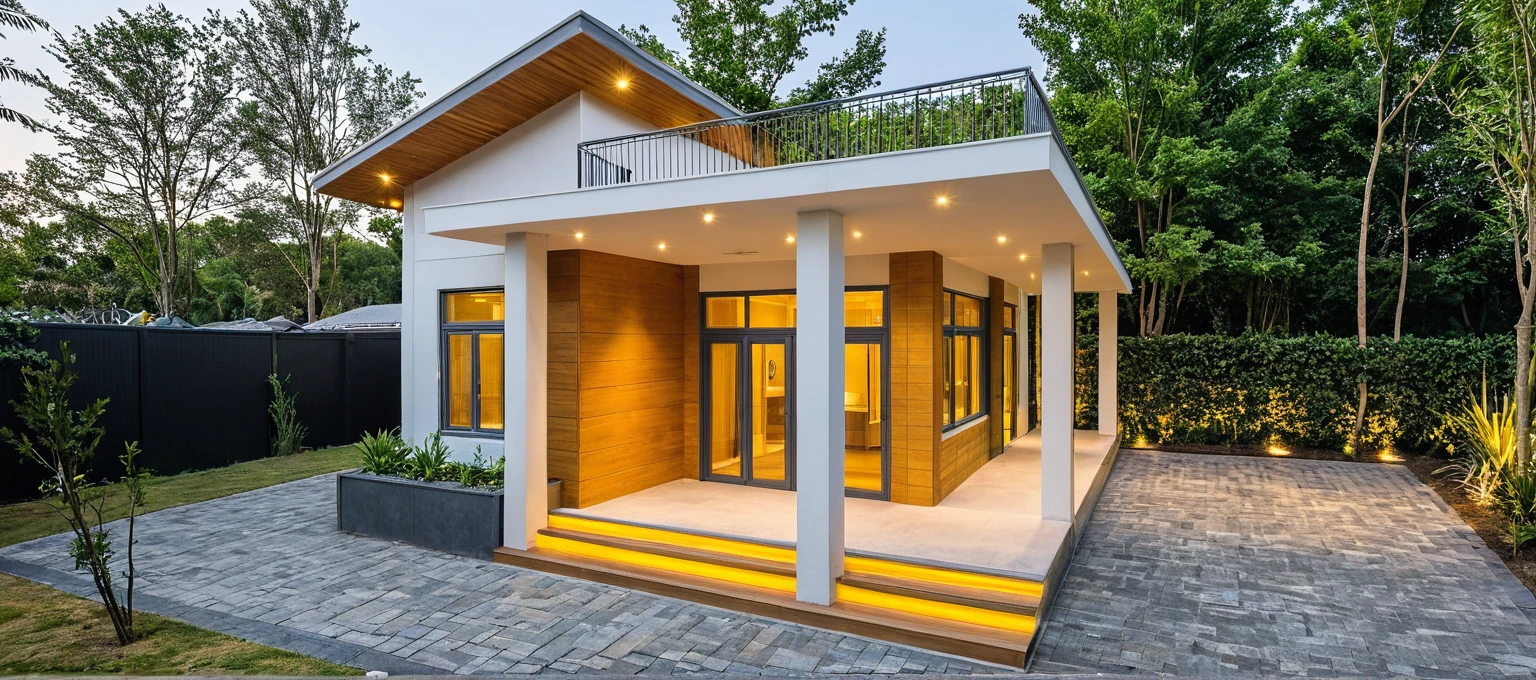 head of'artwork, High quality, best quality, authentique, great detail, En plein air, villa de plain-piedXL, credit group, style de maison moderne dans la rue ,stairs, white wall ,road,pavement, grass, trees, sky, nuvens, (day light:1.1)