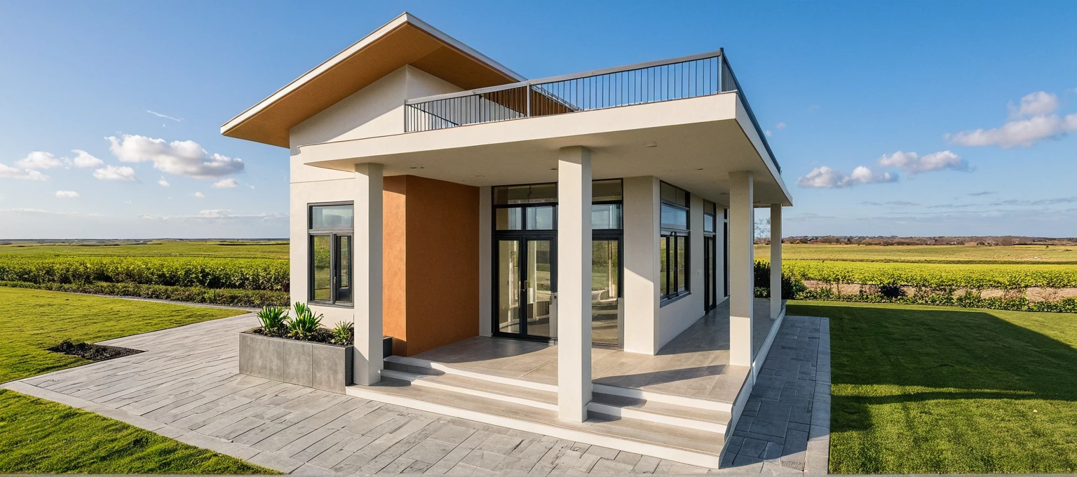 head of'artwork, High quality, best quality, authentique, great detail, En plein air, villa de plain-piedXL, credit group, style de maison moderne dans la rue ,stairs, white wall ,road,pavement, grass, trees, sky, nuvens, (day light:1.1)