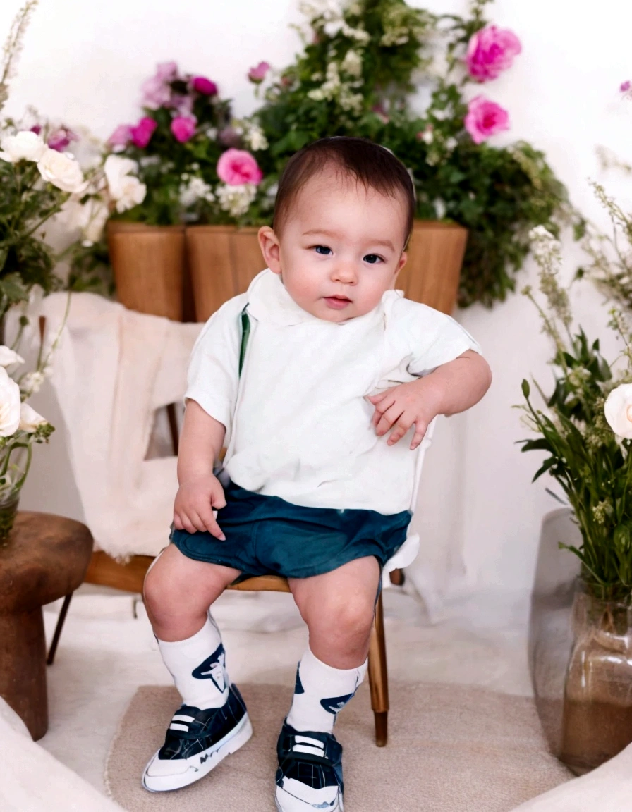 there is a baby sitting on a chair in a room with flowers, cute boy, with backdrop of natural light, photography, high detail