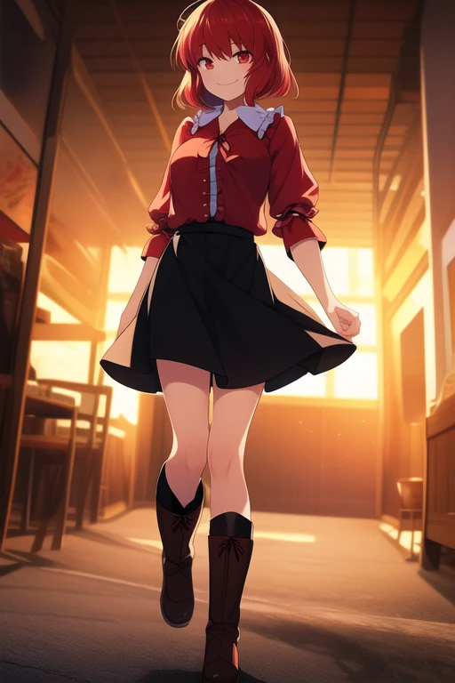 ((best quality)), ((masterpiece)), (detailed), 1girl, Touhou, Sekibanki, red hair, red eye color, full body, wide shot, black skirt, red boots, black attire, short female hair, female blouse, open front, open blouse, dark sport bra, smiling expression