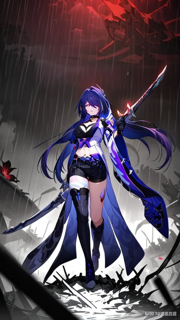 ((masterpiece)),((Highest quality)),High resolution,Extremely detailed CG,Perfect lighting,8k wallpaper,
One Girl,Acheron \(Honkai: Star Rail\),Purple Hair,Very long hair,Purple eyes,Look at the audience,black sea 水,rain,、Holding a sword、Dark Background
