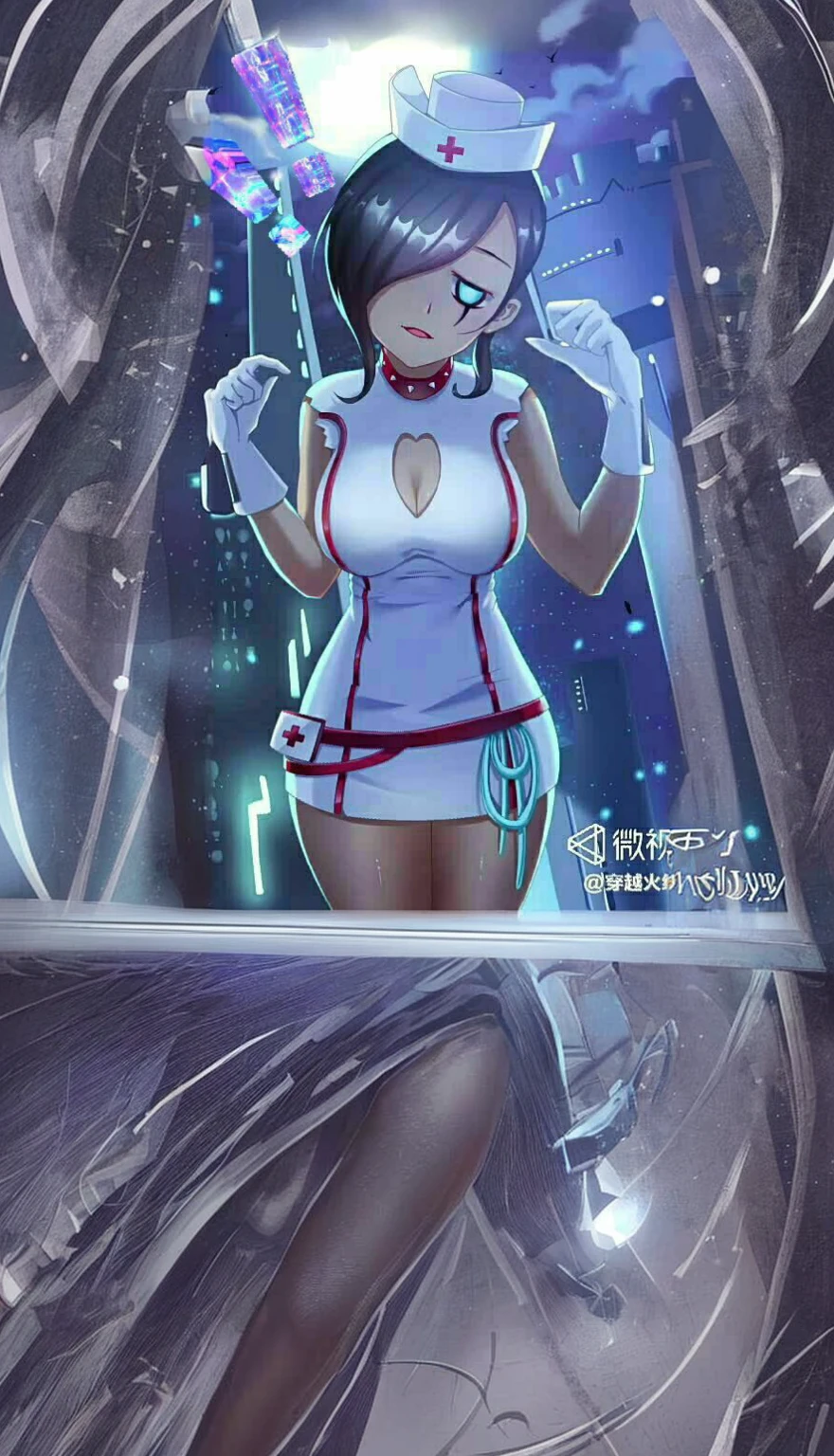 1girl, black_hair, breasts, cleavage, dress, full_moon, gloves, hair_over_one_eye, hat, large_breasts, moon, night, night_sky, nurse, nurse_cap, pantyhose, sky, solo, star_\(sky\), starry_sky, white_gloves, window