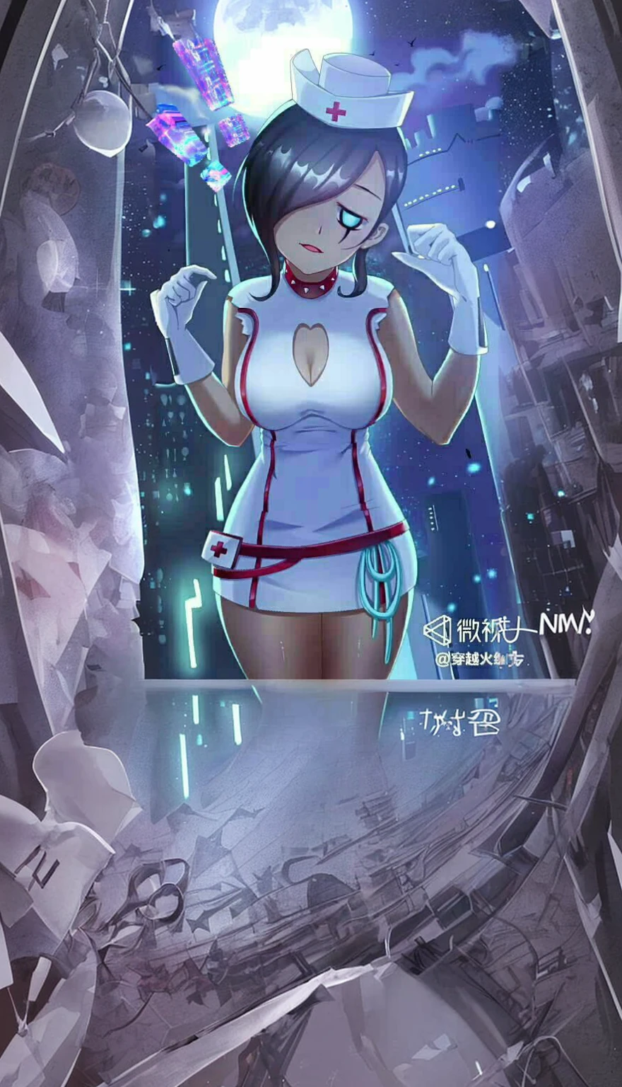 1girl, black_hair, breasts, cleavage, dress, full_moon, gloves, hair_over_one_eye, hat, large_breasts, moon, night, night_sky, nurse, nurse_cap, pantyhose, sky, solo, star_\(sky\), starry_sky, white_gloves, window