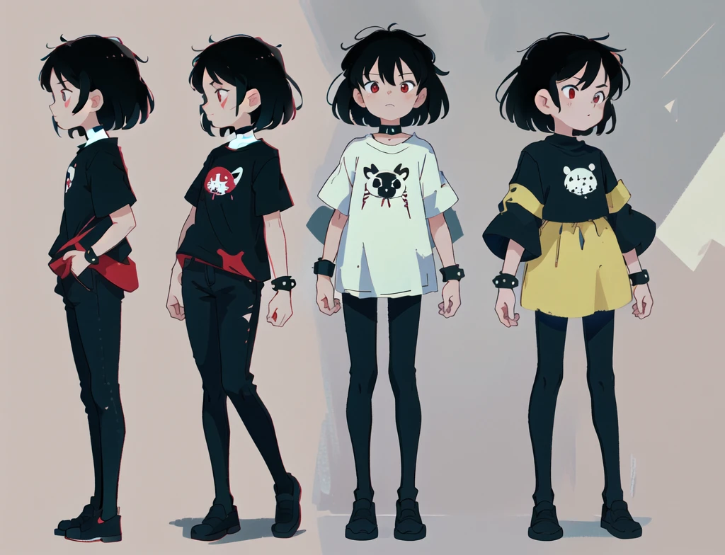 (master piece, high quality, 8k) (full body) (same character front, back, side view) (model sheet) (multiple views of the same character) . 8k, (RAW photo, best quality), beautiful red eyes, anime woman, perfect anatomy, delicate and cute face, short black hair, skin very white, black nails, black lips, wearing black leggins, small black t-shirt, black choker with spikes, black bracelets