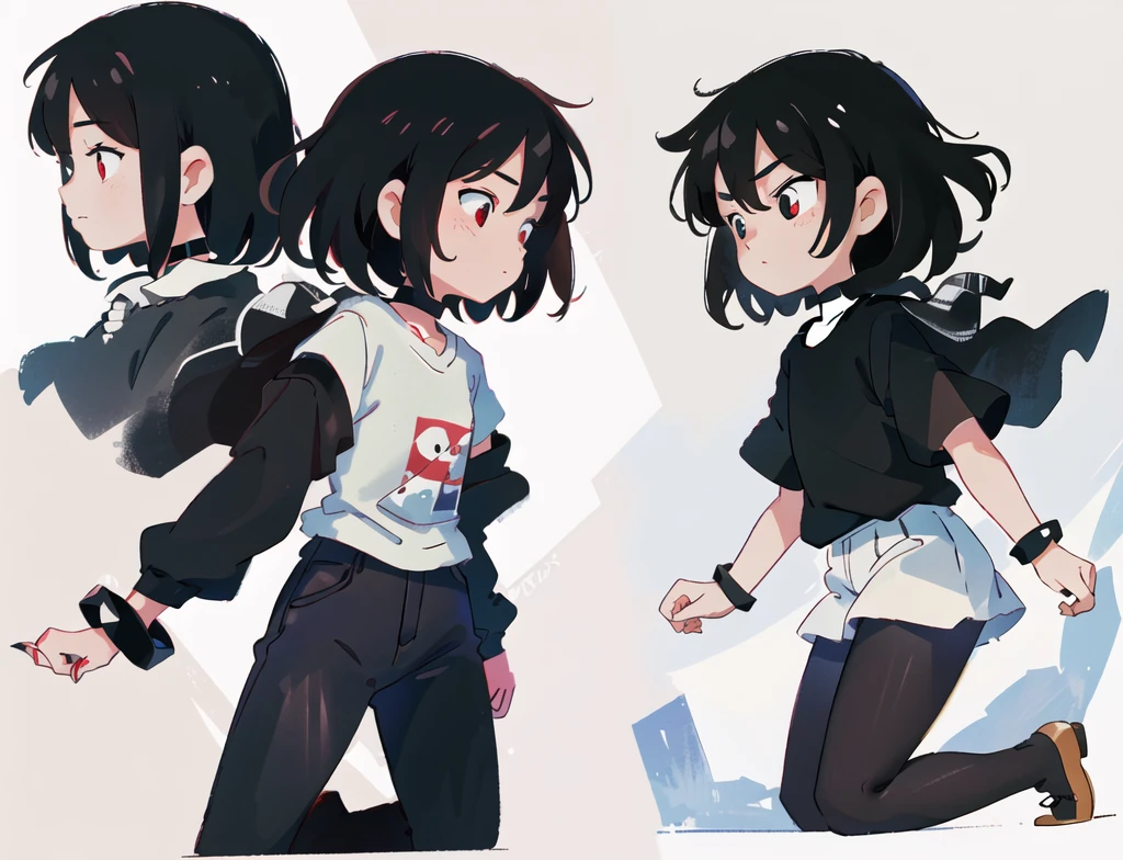 (master piece, high quality, 8k) (full body) (same character front, back, side view) (model sheet) (multiple views of the same character) . 8k, (RAW photo, best quality), beautiful red eyes, anime woman, perfect anatomy, delicate and cute face, short black hair, skin very white, black nails, black lips, wearing black leggins, small black t-shirt, black choker with spikes, black bracelets