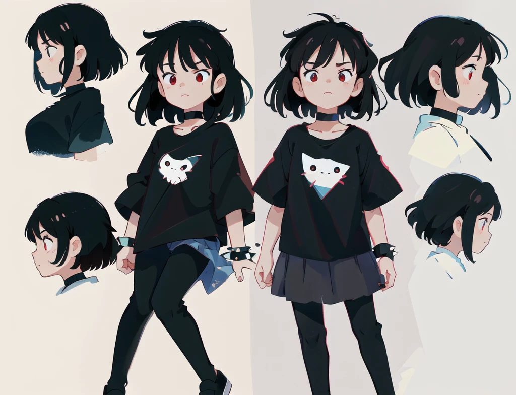 (master piece, high quality, 8k)  (full body) (same character front, back, side view) (model sheet) (multiple views of the same character) . 8k, (RAW photo, best quality), beautiful red eyes, anime woman, perfect anatomy, delicate and cute face, short black hair, skin very white, black nails, black lips, wearing black leggins, small black t-shirt, black choker with spikes, black bracelets