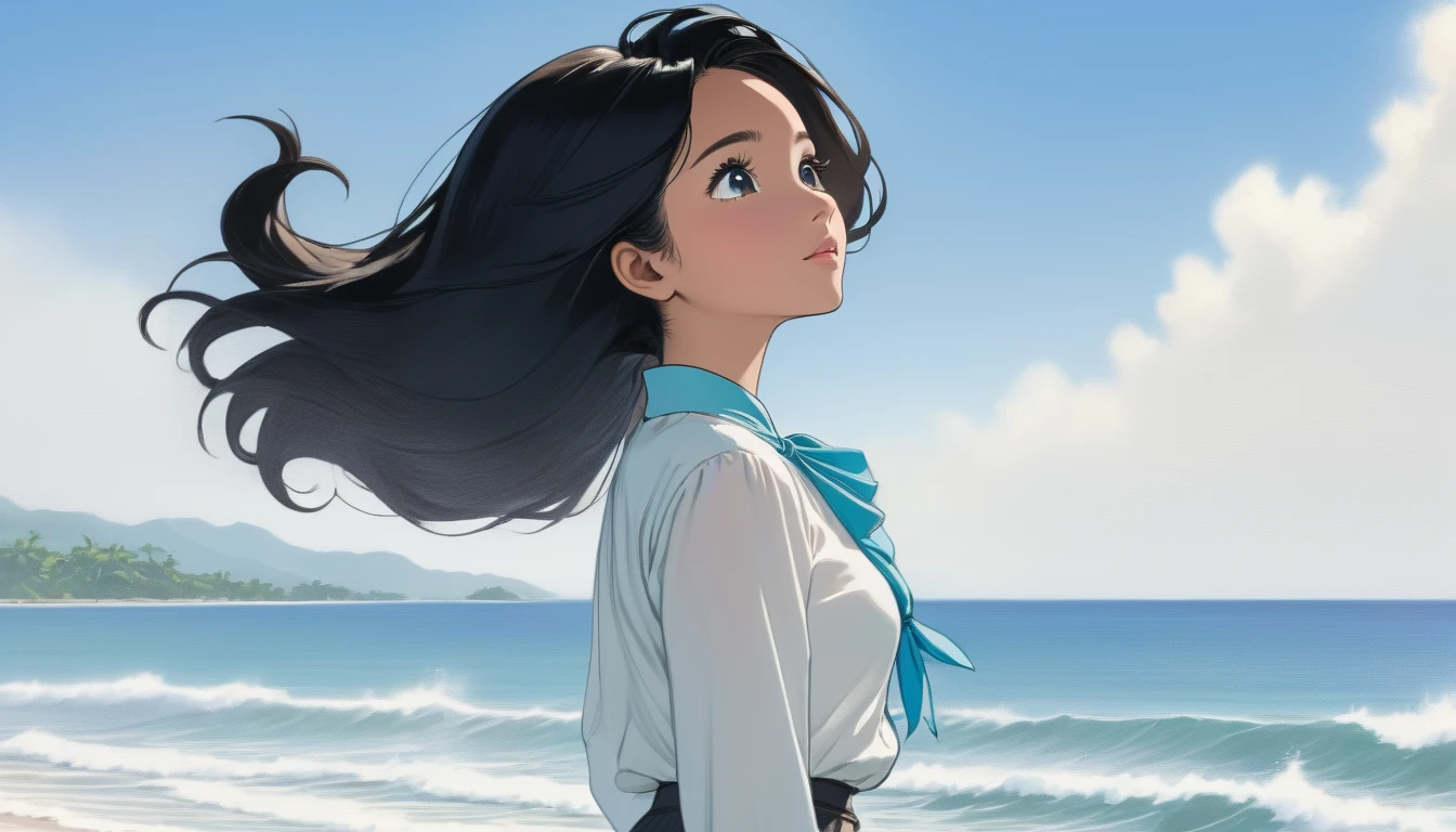 A 25-year-old black-haired Malaysian woman is looking up at the blue sky. Her hair is tied back with no bangs. Colored pencil drawing. white blouse. pants. Ocean.