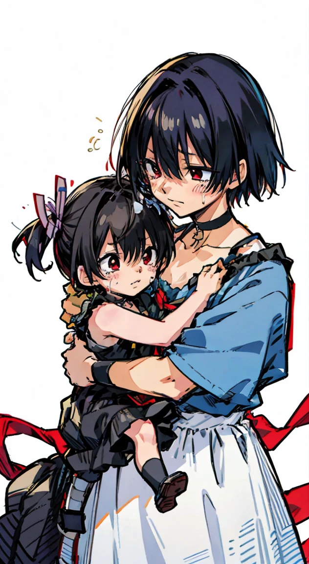 She(hasuichi nishizono) holds a crying (child:1.22) in a dress and blue camisole with black hair and hair ribbons, choker, red eyes