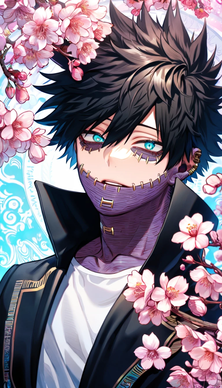 absurdres, highres, ultra detailed, HDR, master piece, best quality, extremely detailed, Dabi, black hair, expressive turquoise eyes, Boku No Hero Academia, solo, sexy man, handsome, black coat, white T-shirt, close up, magical, sparkling, pink glittering fireflies, pink ice, pink ice butterflies, pink ice petals, pink ice cherry blossoms, pink crystal, pink flowers, pink moon