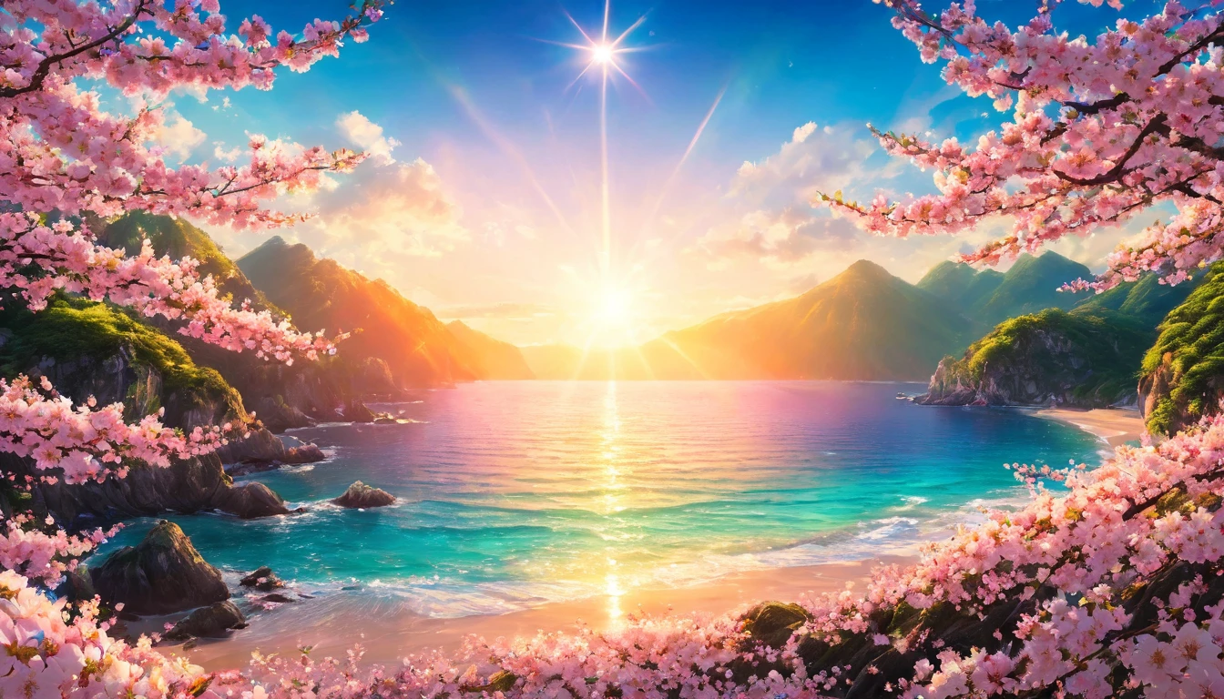 Sunset Beach、Portrait Photography、{{masterpiece}}, Highest quality, Highly detailed Unity 8k wallpaper, Cinema Lighting, Lens flare, Beautiful details, Cherry blossoms Ocean view, colorful light, particle, Heterochromia iridis, (colorful:1.5), 