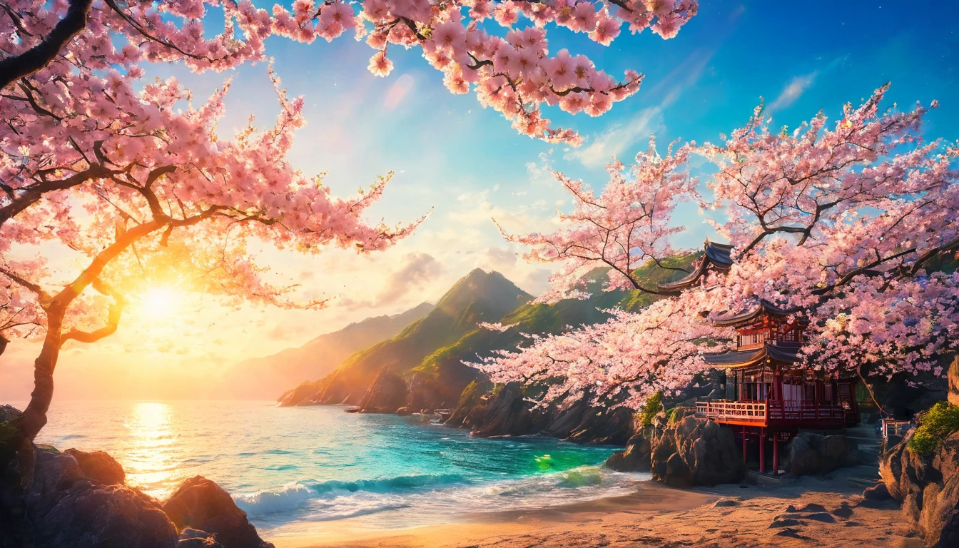 Sunset Beach、Portrait Photography、{{masterpiece}}, Highest quality, Highly detailed Unity 8k wallpaper, Cinema Lighting, Lens flare, Beautiful details, Cherry blossoms Ocean view, colorful light, particle, Heterochromia iridis, (colorful:1.5), 