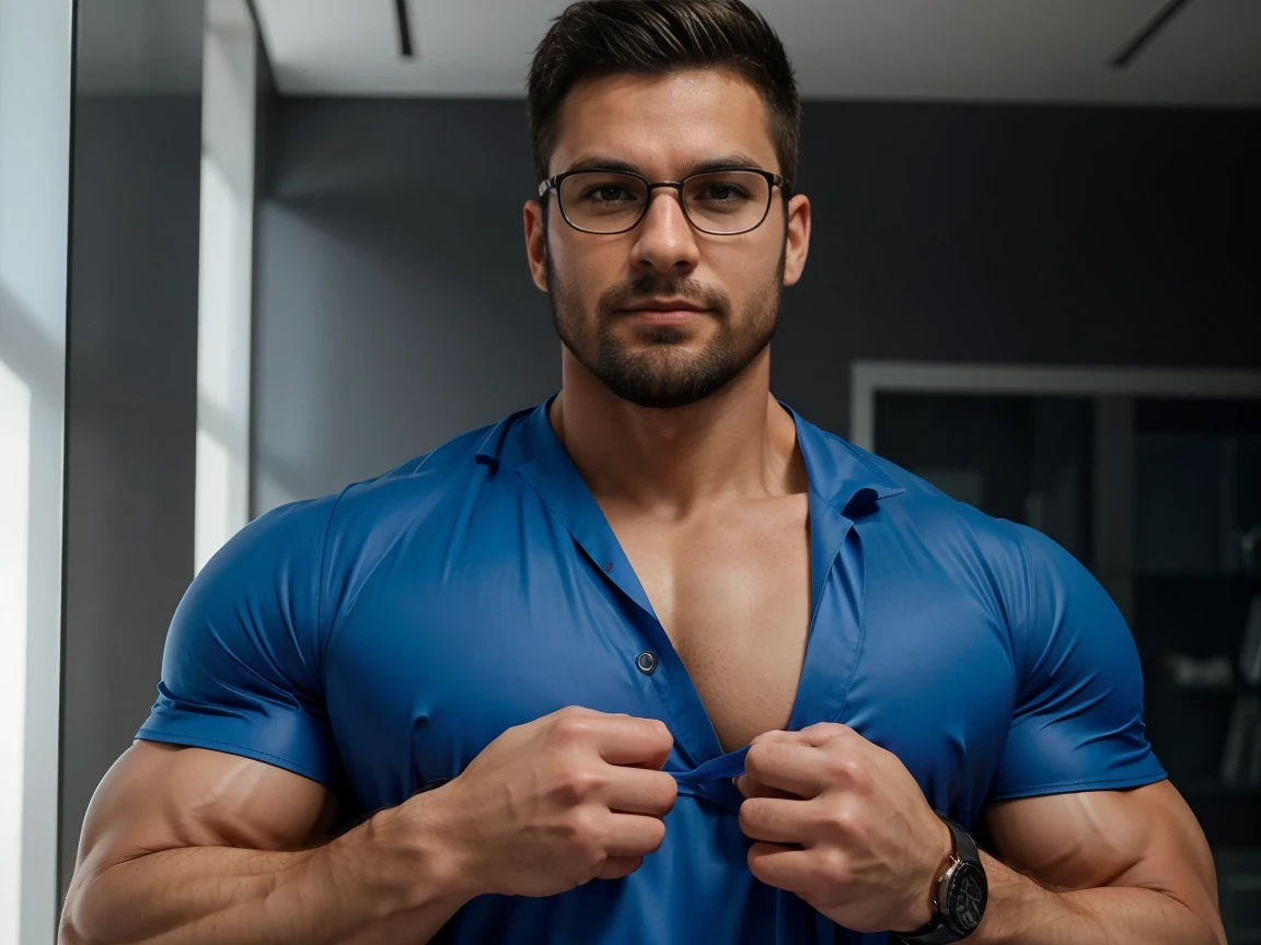 a very muscular man with a strong build, doctor with gown and glasses. He has a well-defined jaw and a serious expression, does not look at the camera. His skin is clear, and he has a short beard. Running for your life!, wears doctor's clothes, He is a virologist, White coat, very muscular under clothes, He has clothes.
