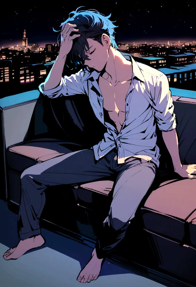 Young male, sleeping on the couch, arm place in the head, (full body camera shot), night time, sexy pose, wearing a shirt, unbuttoned shirt,