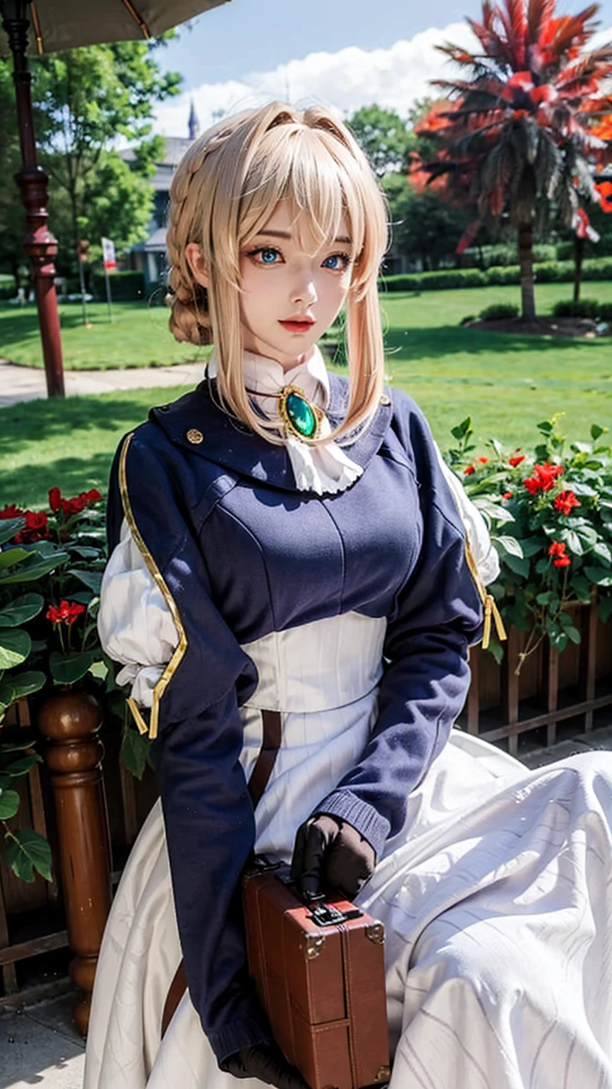 ((best quality)), ((masterpiece)), (detailed), 4k, perfect face, pretty face, beautiful female, beautiful body, e cup breast, perfect body, head accessories, sleeveless sweater, blue eyes, violet_evergarden, at the park