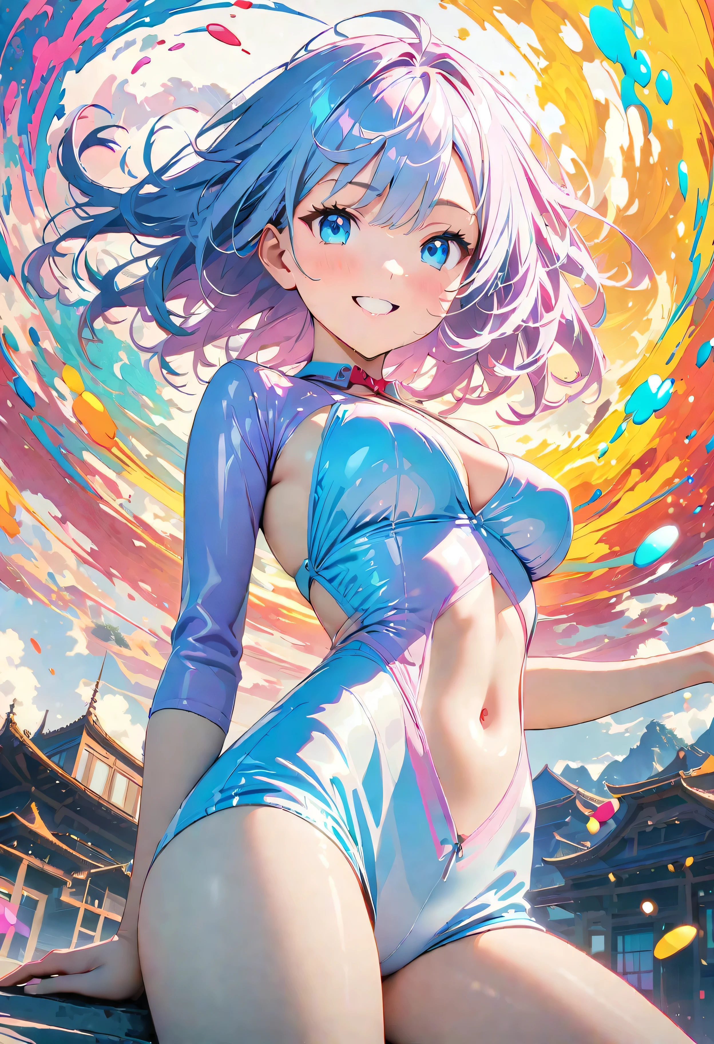 (masterpiece, Highest quality, Official Art:1.2), (colorful), Perfect Anatomy, Looking at the audience,One Girl, alone, White Background, floating colorful water, Ultra-fine illustrations, Highly Details, Dynamic Angle, Beautiful detailed, 8K, 壊す smiling amidst the colorful scenes, (High resolution), Anime Style, (Fractal Art:1.1), pastel colour