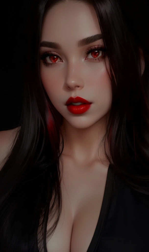 a close up of a woman with long hair and a black top, red lips, thick red lips, faint red lips, thick lips, deep red lips, sexy red lips, small and thick red lips, dark red lips, 🤤 girl portrait, frontal picture, red lipstick on face, full lips, dark lipstick, with very thin lips, in front of a black background
