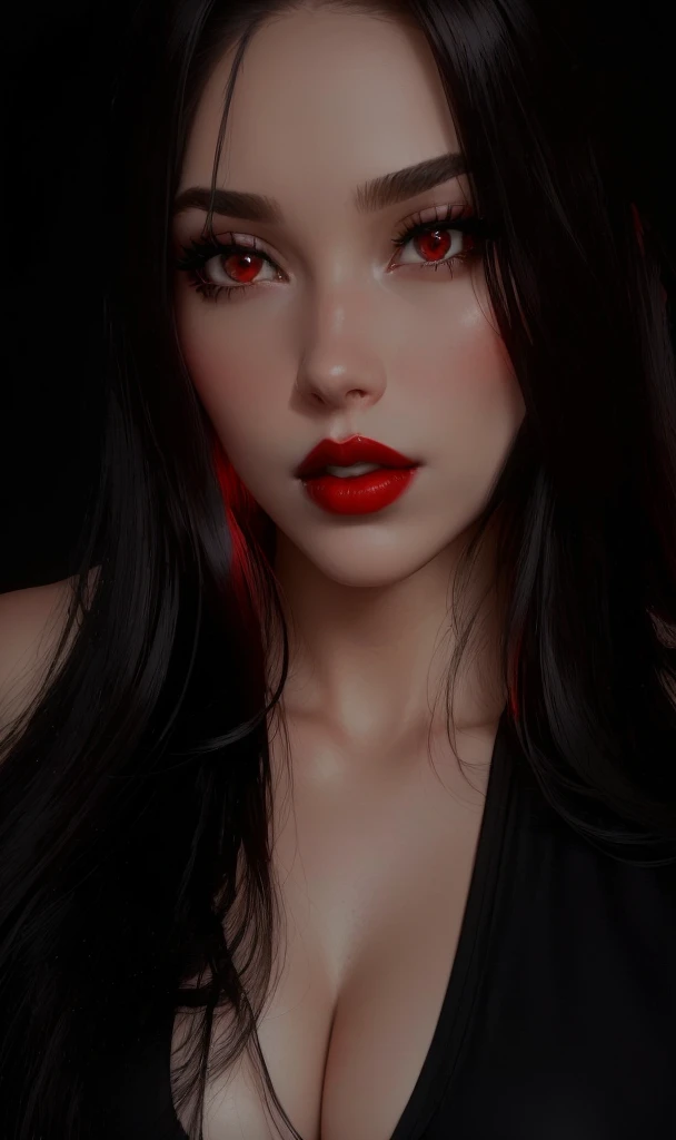 a close up of a woman with long hair and a black top, red lips, thick red lips, faint red lips, thick lips, deep red lips, sexy red lips, small and thick red lips, dark red lips, 🤤 girl portrait, frontal picture, red lipstick on face, full lips, dark lipstick, with very thin lips, in front of a black background