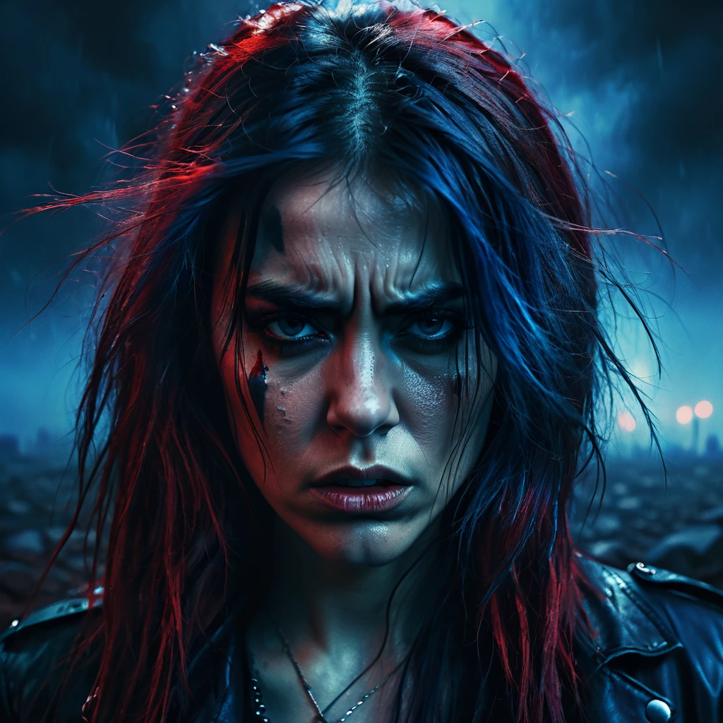 a dark and moody music album cover, a sad and angry woman with a powerful expression, detailed facial features, dramatic lighting, heavy metal, rock music, dark colors, blue and red tones, muted palette, layer of grime and texture, cinematic atmosphere, photorealistic, 8k, high quality, masterpiece