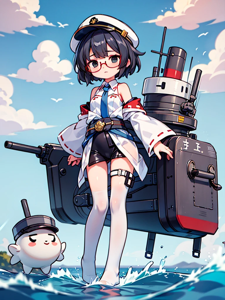 ((((Full body of a woman with perfect flat chest、solo、Short unkempt black hair、Tie your messy hair at the nape of your neck、white military jacket、Miko costume、tights、Black glasses、White military cap、Cloudy black eyes、Sleepy expression)))), (((masterpiece))), (((Shipgirl))), ((Floating on the morning sea with both feet)), (Spread your legs wide open), (Hold the turret with your right hand), (Mechanical arms extending from the waist are used to equip the ship with battleship equipment.), (Equipped with a turret on the back), (Holds the turret with his left arm), Shotgun shells are attached to the thigh with a belt, Spreading the Machine's Wings, Machine tail, shotgun,