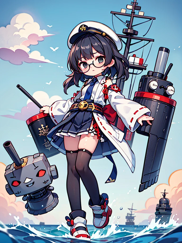 ((((Full body of a woman with perfect flat chest、solo、Short unkempt black hair、Tie your messy hair at the nape of your neck、white military jacket、Miko costume、tights、Black glasses、White military cap、Cloudy black eyes、Sleepy expression)))), (((masterpiece))), (((Shipgirl))), ((Floating on the morning sea with both feet)), (Spread your legs wide open), (Hold the turret with your right hand), (Mechanical arms extending from the waist are used to equip the ship with battleship equipment.), (Equipped with a turret on the back), (Holds the turret with his left arm), Shotgun shells are attached to the thigh with a belt, Spreading the Machine's Wings, Machine tail, shotgun,