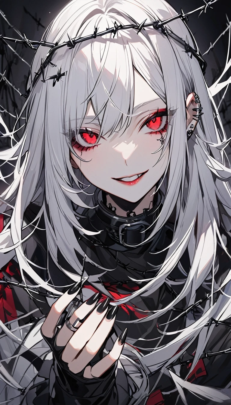 Beautiful white-haired girl with piercing red eyes, Open your lips wide and smile, Black nails, Barbed wire everywhere(Wrapped in black barbed wire)